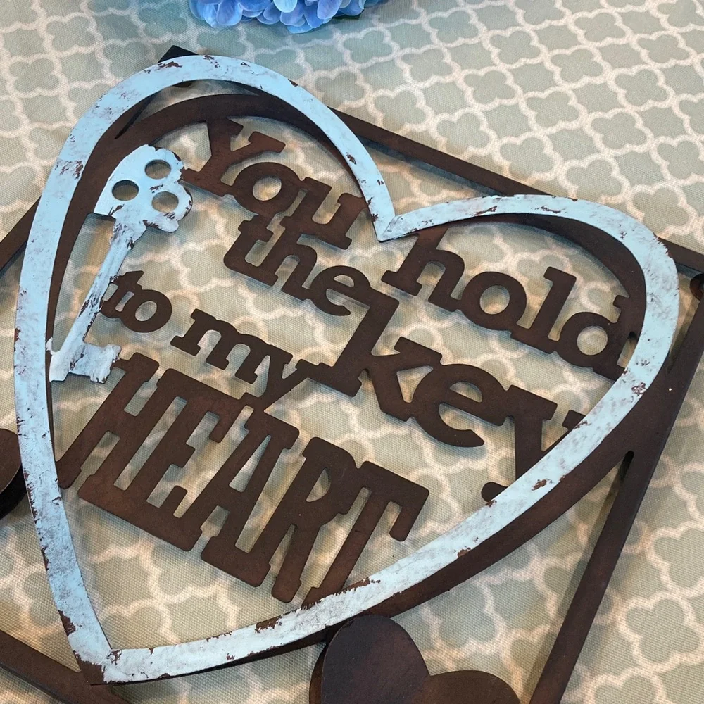 You Hold the Key to my Heart Metal Wall Sign Blue Brown